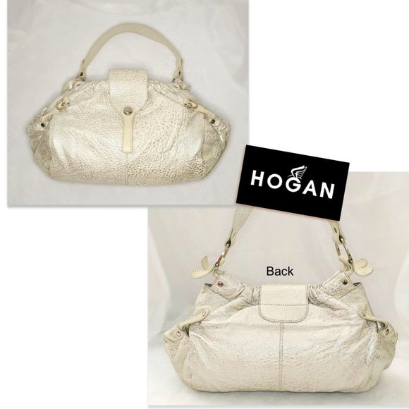 HOGAN Italy Creamy Beige Silver Metallic Hobo Slouchy Leather Large Shou… - Picture 5 of 13